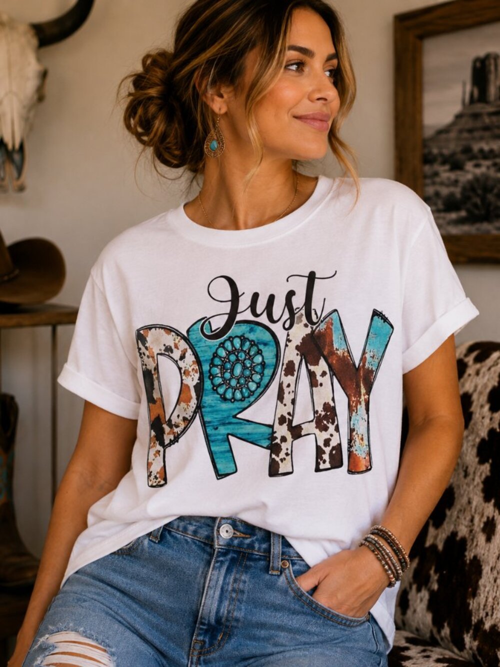 Just Pray Cow Print Graphic T Shirt Trendy Boutique Style Tee Women Gift White